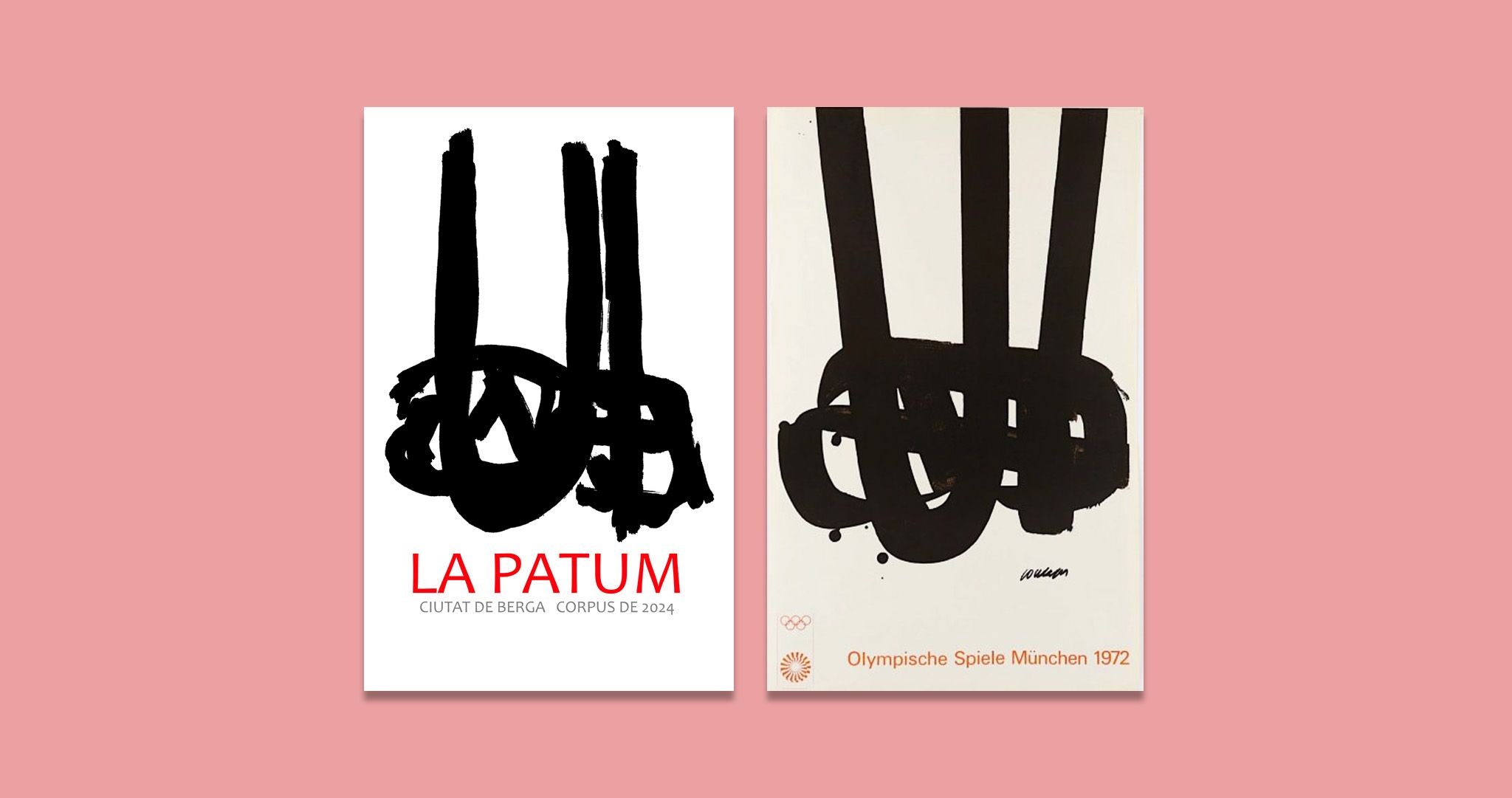A l'esquerra, el cartell presentat al concurs de la Patum, i a la dreta, l'obra de Pierre Soulage, que va anunciar els Jocs Olímpics de Múnic del 1972