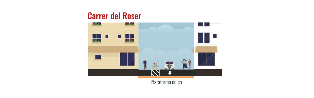 Proposta de pacificació del carrer del Roser de Berga, amb una plataforma única, més espai per als vianants i un carril central compartit entre cotxes i bicicletes.