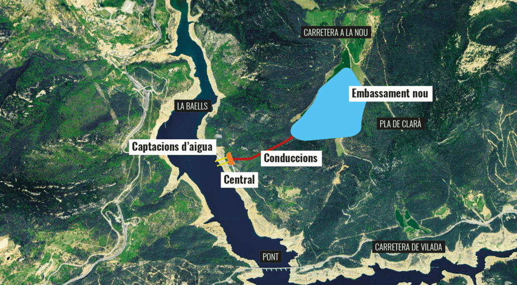 Plànol d'ubicació de la central hidroelèctrica de la Baells i de l'embassament del pla de Clarà, a la Nou